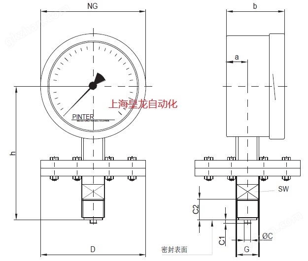 德国Pinter测控技术公司 P3系列膜片式压力表安装尺寸图