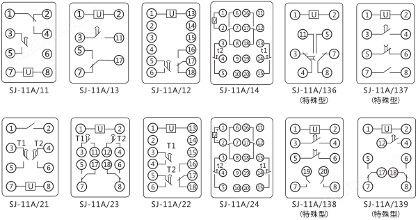 SJ-11A/12集成电路时间继电器内部接线图及外引接线图片