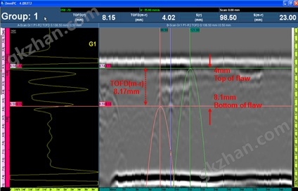 缺陷高度的TOFD光标大小调整示例