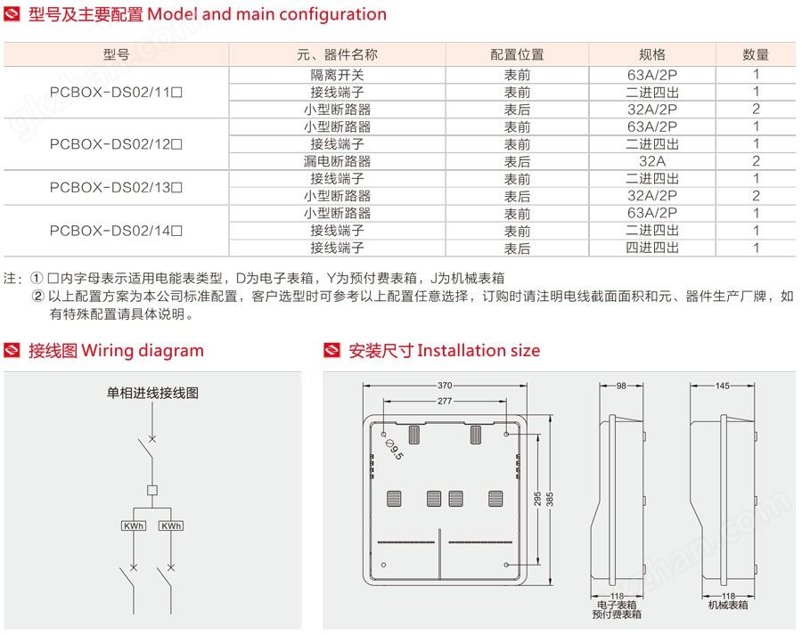 单相二表位电表箱型号、主要配置、接线图、安装尺寸