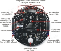 Labeled bottom view of the pololu 3pi robot.