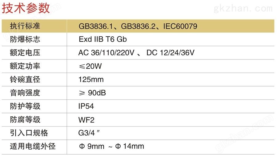 防爆电铃技术参数