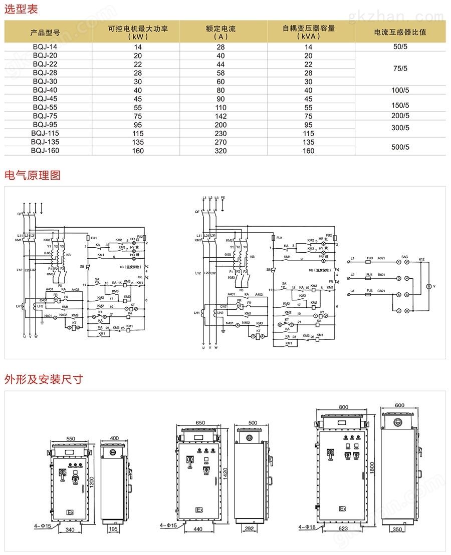 BQJ自耦减压式防爆电磁起动箱产品选型表、电气原理图、外形及安装尺寸