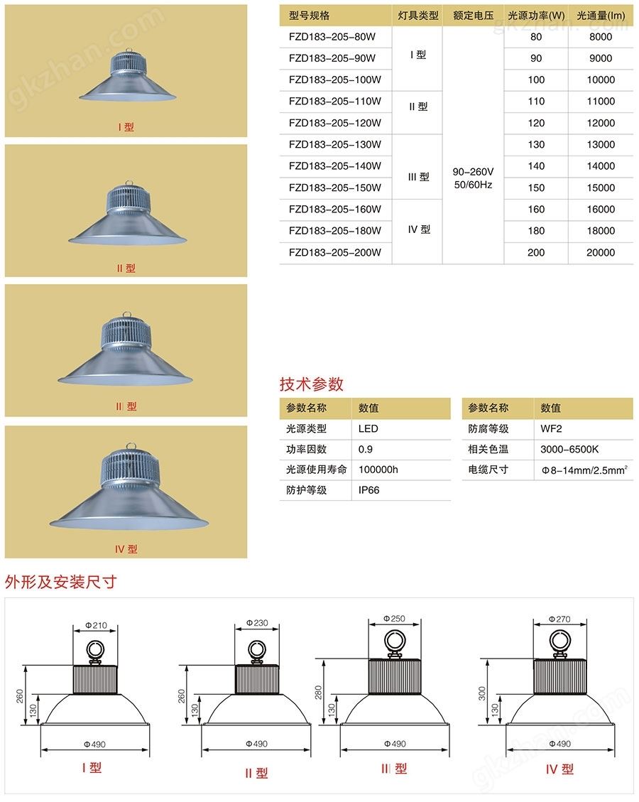 免维护（三防）LED泛光灯型号规格、技术参数、外形及安装尺寸