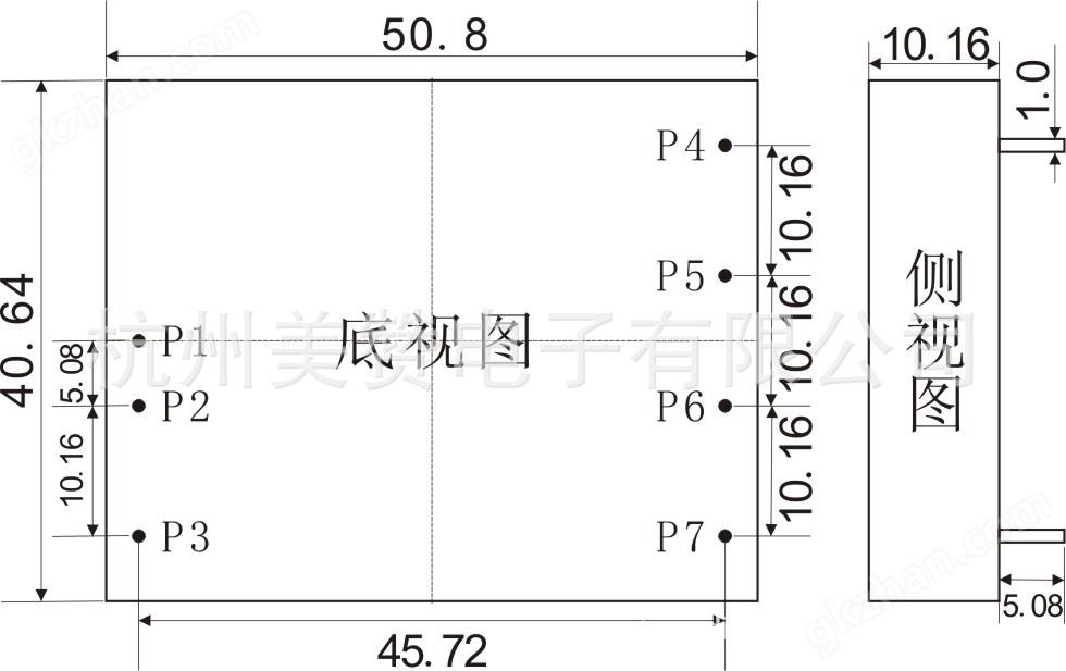 20W电源尺寸图,DC转DC,50.8×40.64×12.7mm