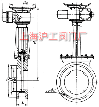 PZ973H、PZ973F、PZ973Y 型电动刀型闸阀（刀闸阀）外形及结构尺寸示意图