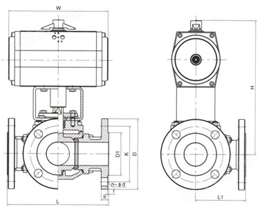 <strong>气动三通法兰球阀</strong>结构图