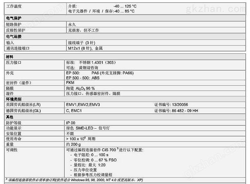 压力变送传感器技术参数EP 500系列2