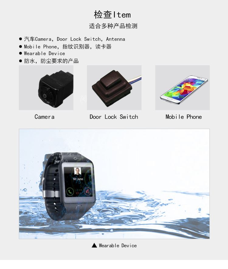 检查Item1.汽车Camera，Door Lock Switch，Antenna2. Phone，指纹识别器，读卡器3.Wearable Device 4.防水，防尘要求的产品。